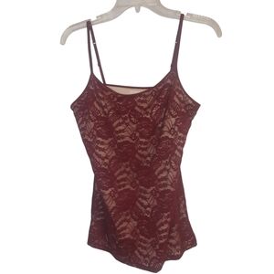 Express Lace Stretch Cami Cranberry w/ beige lining  shelf bra EUC Size L